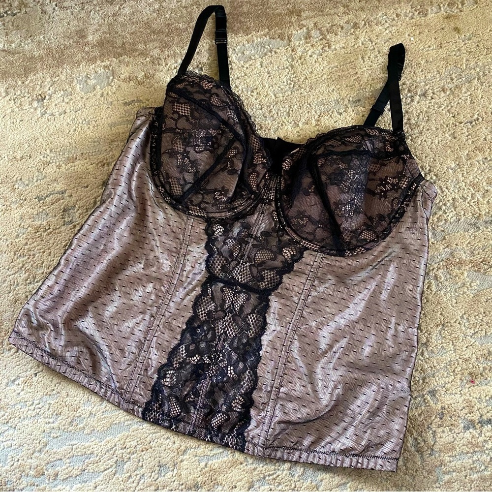 Torrid NWT Bustier Underwired Corset Basque Bra Boned Opaque Lace Black Tan: 2